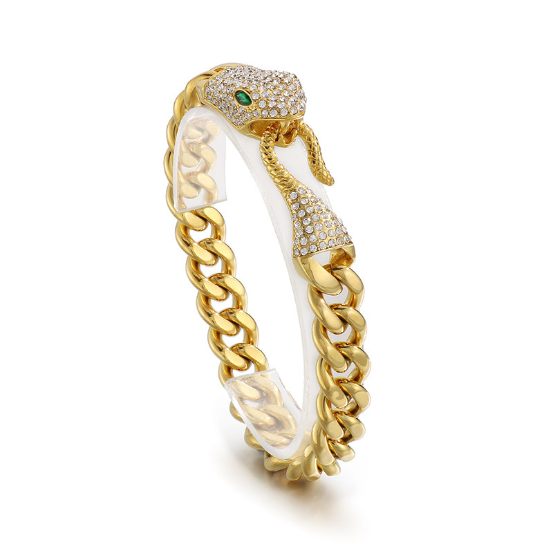Gold Plated Crystal Pave Snake Head Cuban Chain Bracelet