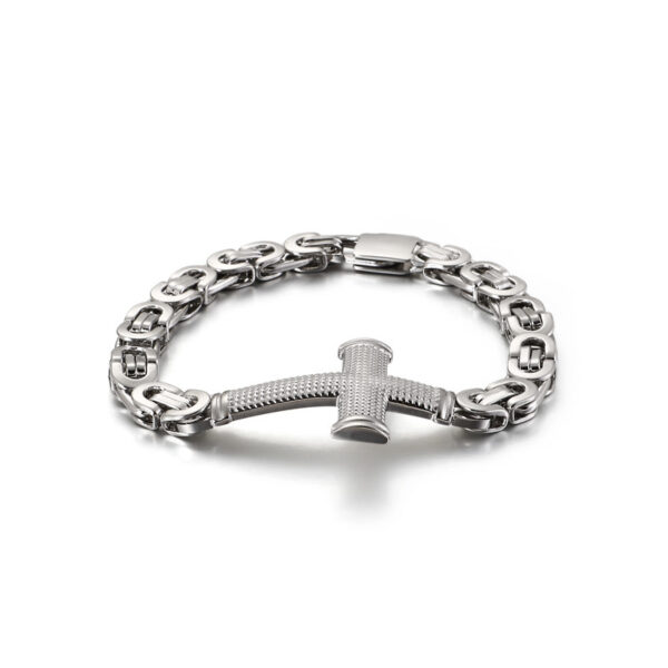 Stainless Steel Byzantine Chain Bracelet with Textured Cross Pendant