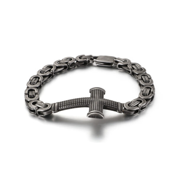 Boil Black Stainless Steel Byzantine Chain Bracelet with Textured Cross Pendant