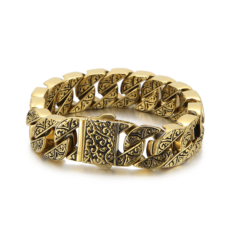 Engraved Gold Tone Stainless Steel Curb Chain Bracelet