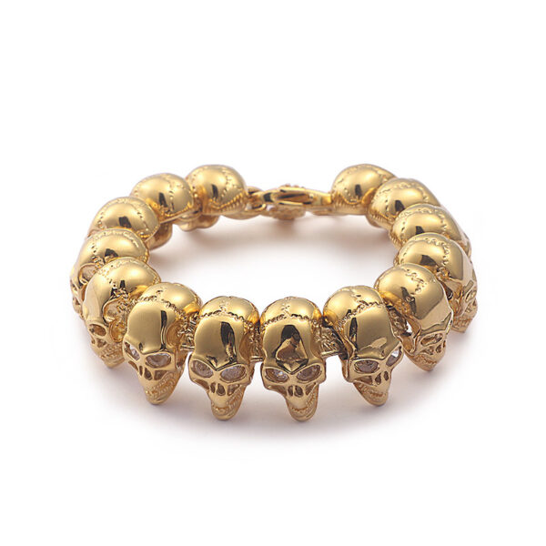 Gold Tone Stainless Steel Skull Bracelet with Crystal Eyes