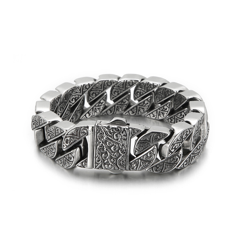 Engraved Steel Tone Stainless Steel Curb Chain Bracelet