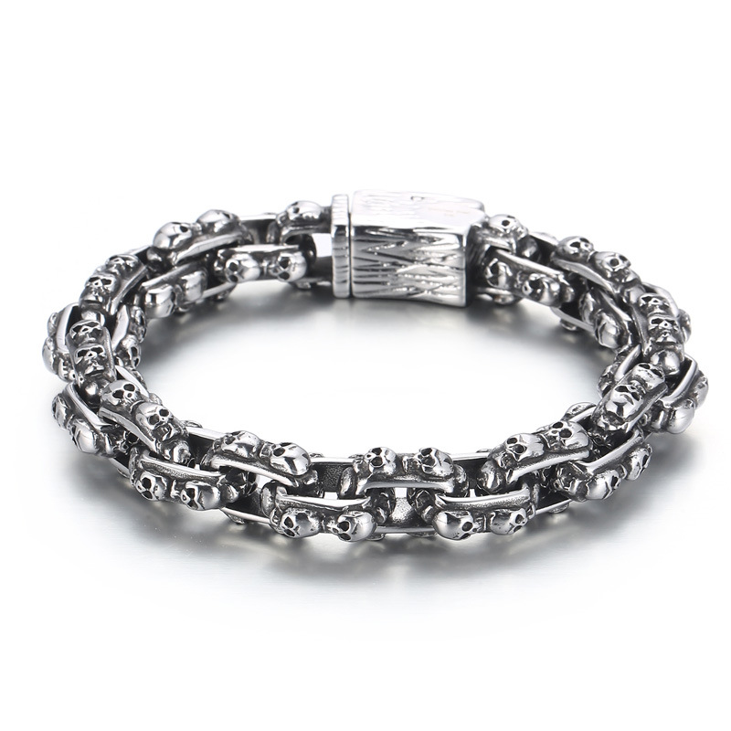 Stainless Steel Multi-Skull Link Chain Bracelet