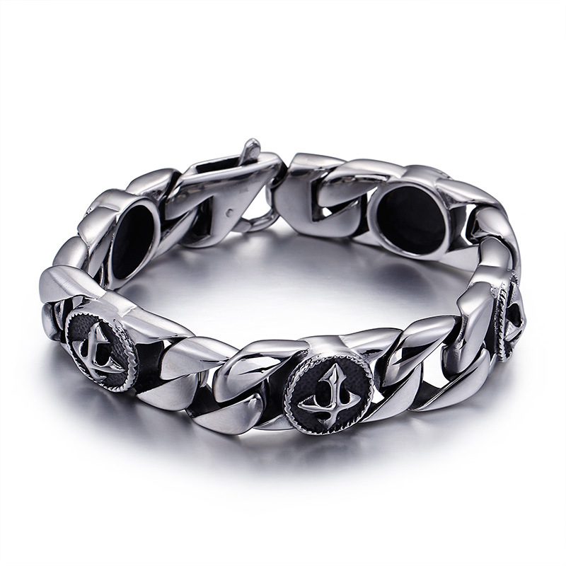 Stainless Steel Curb Chain Bracelet with Engraved Circular Emblems