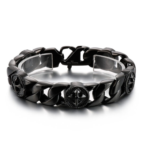 Black Stainless Steel Curb Chain Bracelet with Gothic Circular Emblems
