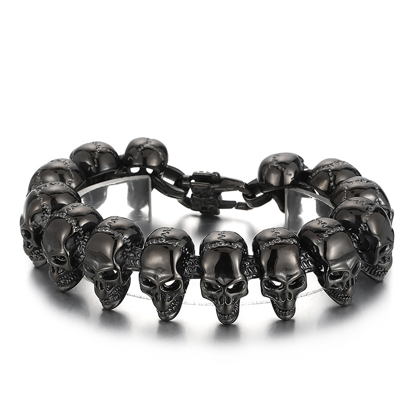 Black Tone Stainless Steel Skull Bracelet with Crystal Eyes