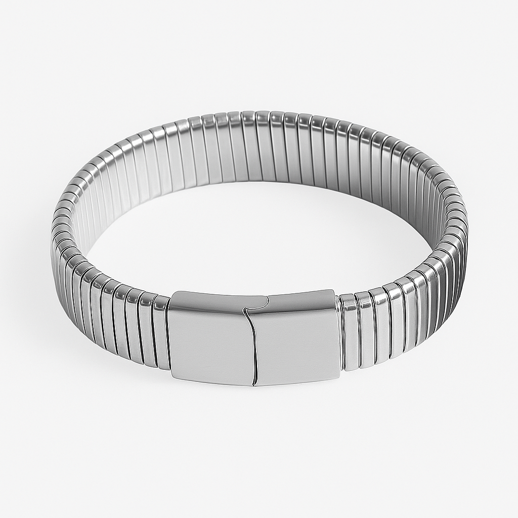 Silver Tone Stainless Steel Expandable Ribbed Bracelet | Flexible Comfort Fit Bangle