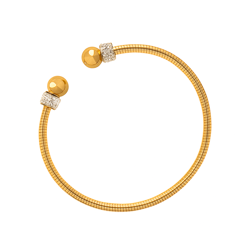 Gold Tone Flexible Cuff Bracelet | Crystal Pave Ball Ends | Modern Open Bangle