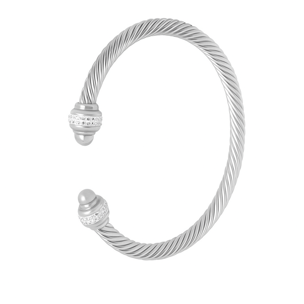 Silver Tone Stainless Steel Twisted Cuff Bracelet | Crystal Pave Ball Ends | Classic Open Bangle