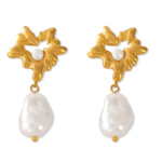 Gold Tone Abstract Floral Pearl Drop Earrings | Modern Baroque Freshwater Pearl Studs