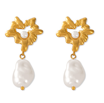 Gold Tone Abstract Floral Pearl Drop Earrings | Modern Baroque Freshwater Pearl Studs