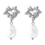 Silver Tone Abstract Floral Pearl Drop Earrings | Modern Baroque Freshwater Pearl Studs