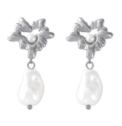 Silver Tone Abstract Floral Pearl Drop Earrings | Modern Baroque Freshwater Pearl Studs