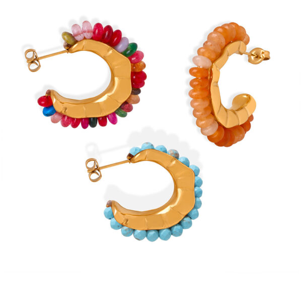 Gold Tone Beaded C-Hoop Earrings | Multi-Color, Orange, & Turquoise Stone Options