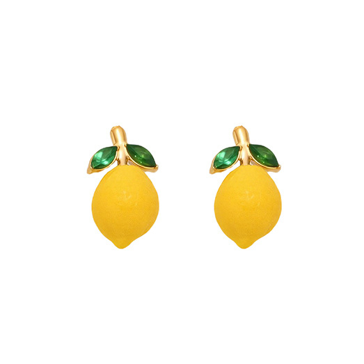 Cute Lemon Stud Earrings - Enamel Fruit Jewelry with Green Leaves