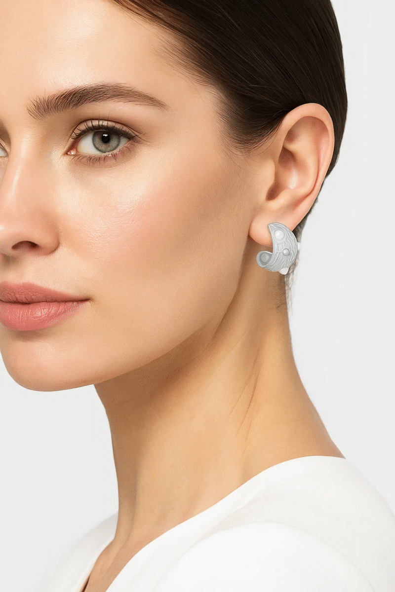 Silver Tone Chunky Textured C-Hoop Earrings | Pearl & Crystal Embellished