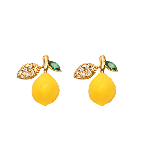 Dainty Lemon Stud Earrings - Rhinestone Leaf Design - Summer Fruit Jewelry