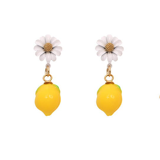 Cute Daisy & Lemon Dangle Earrings - Floral Fruit Drop Jewelry for Summer