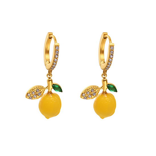 Sparkling Lemon Dangle Hoop Earrings - Zirconia Gold Plated Fruit Jewelry