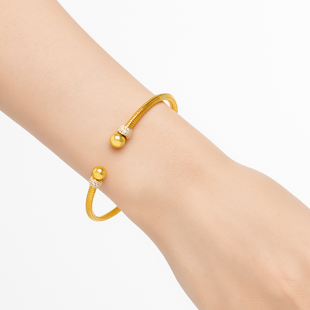 Gold Tone Flexible Cuff Bracelet | Crystal Pave Ball Ends | Modern Open Bangle