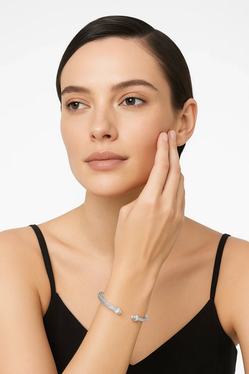 Silver Tone Stainless Steel Twisted Cuff Bracelet | Crystal Pave Ball Ends | Classic Open Bangle
