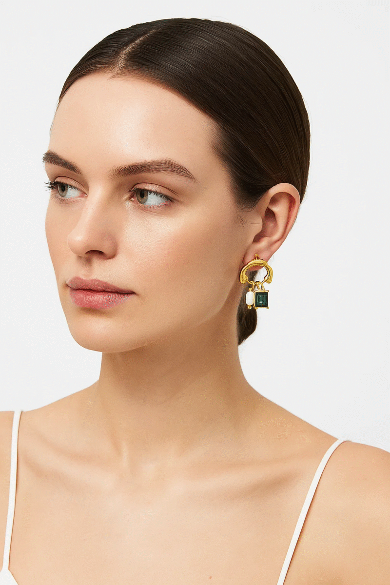 Gold Tone Stainless Steel Abstract Drop Earrings | Green Crystal & Baroque Pearl Dangle