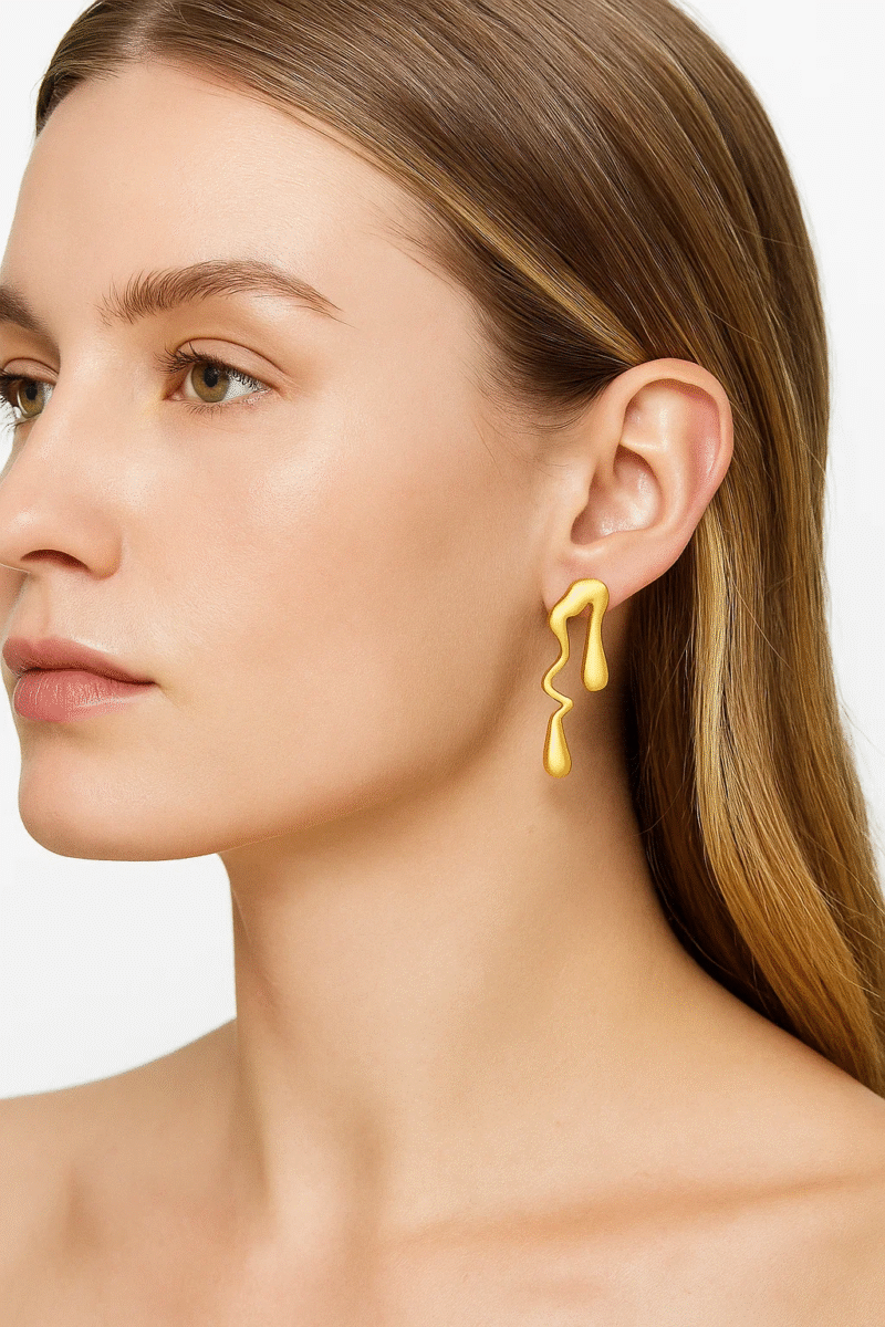 Gold Tone Stainless Steel Abstract Drop Earrings | Modern Fluid "Melted" Design Stud