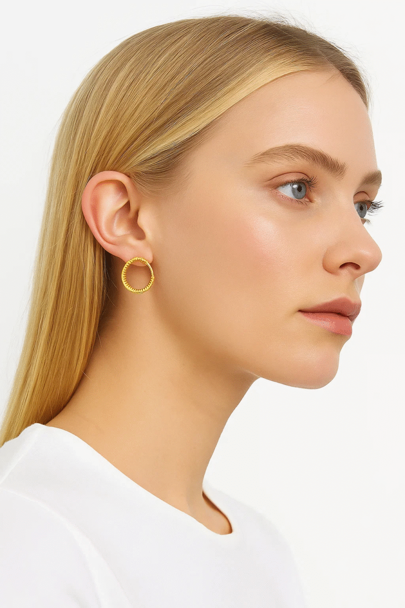 Gold Tone Stainless Steel Textured Hoop Earrings | Modern Faceted Design