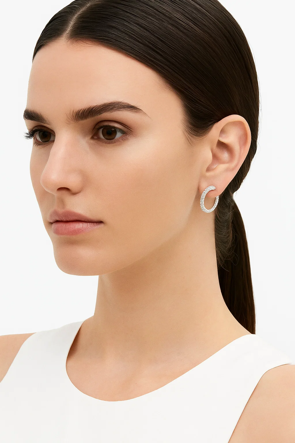 Silver Tone Stainless Steel Textured Hoop Earrings | Modern Faceted Design - model-show-0616004-2 