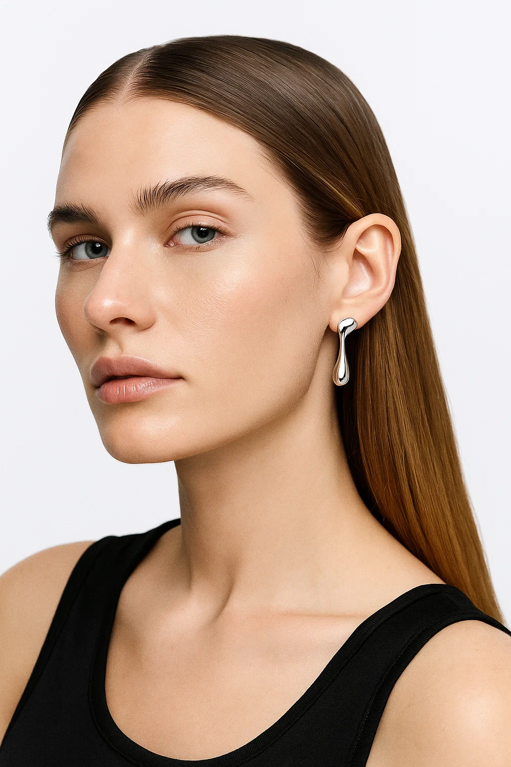 Silver Tone Stainless Steel Abstract Drop Earrings | Modern Fluid "Melted" Design Stud - model-show-0616004 