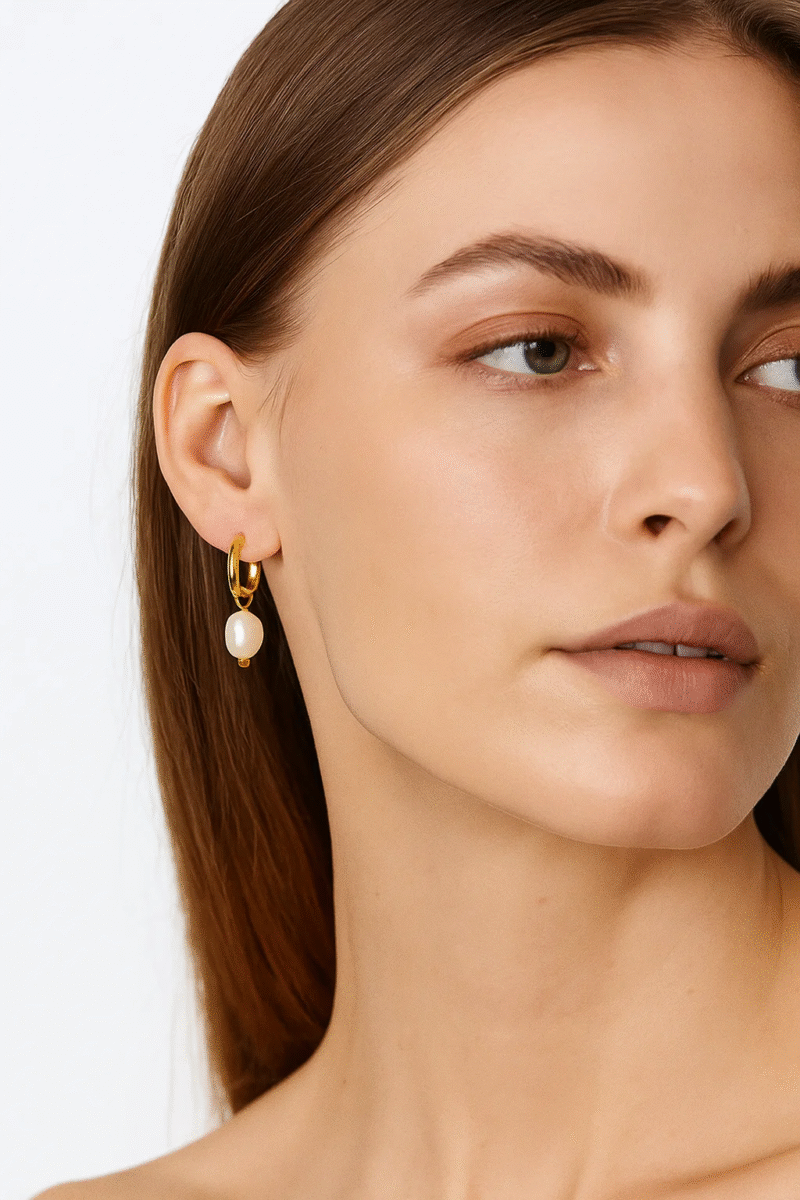 Gold Tone Stainless Steel Hoop Earrings | Dainty Baroque Freshwater Pearl Dangle