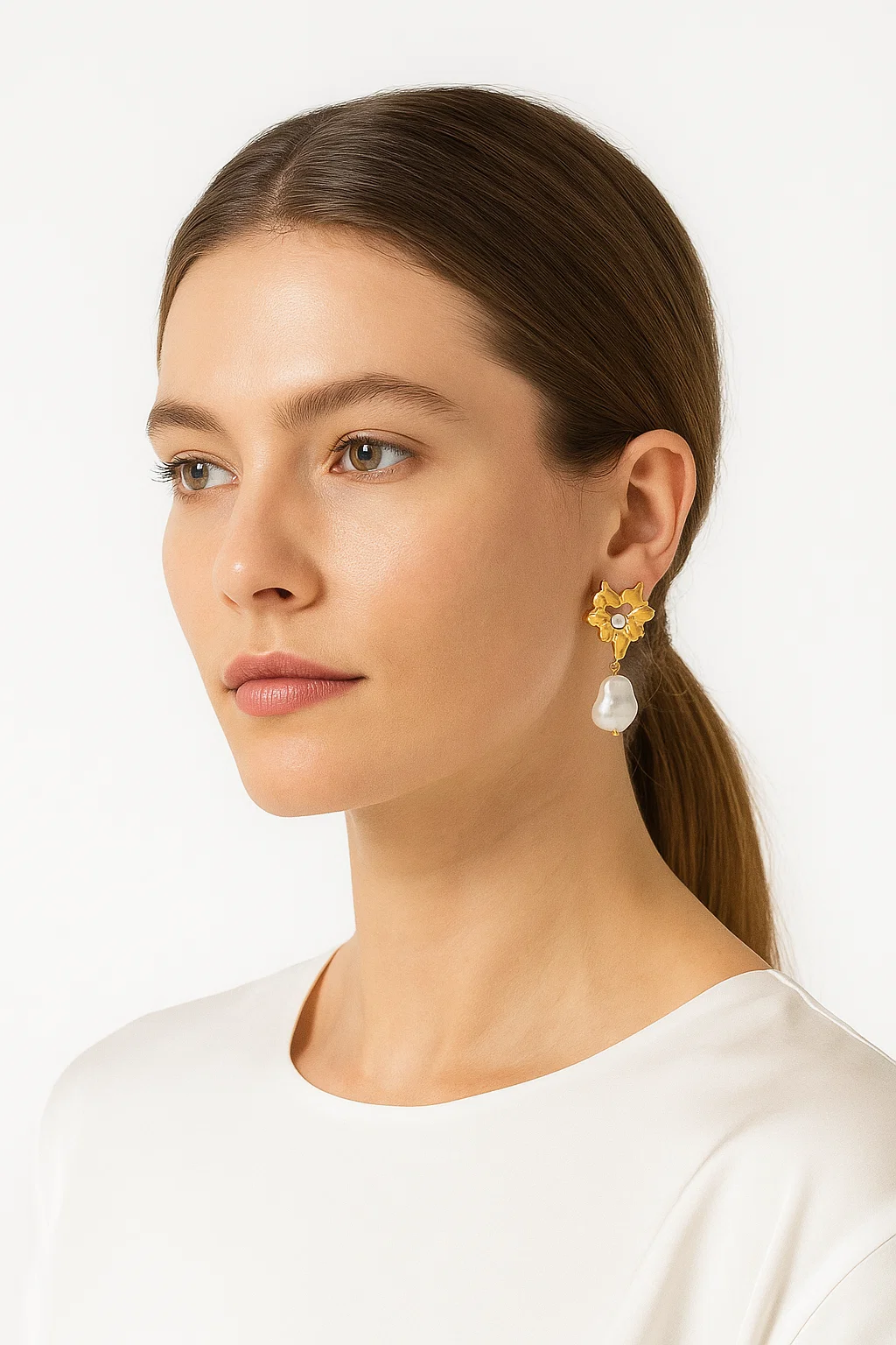 Gold Tone Abstract Floral Pearl Drop Earrings | Modern Baroque Freshwater Pearl Studs