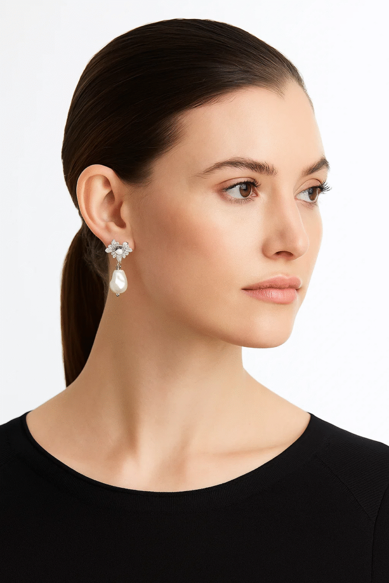 Silver Tone Abstract Floral Pearl Drop Earrings | Modern Baroque Freshwater Pearl Studs