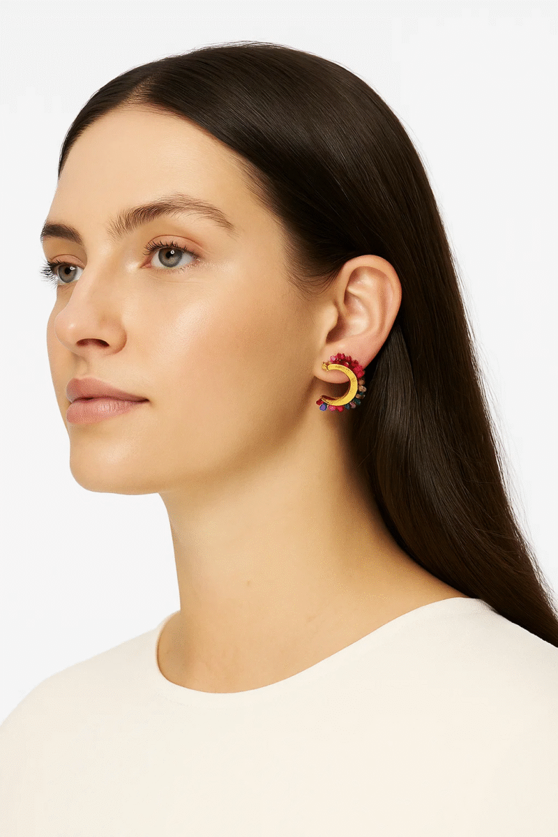 Gold Tone Beaded C-Hoop Earrings | Multi-Color, Orange, & Turquoise Stone Options