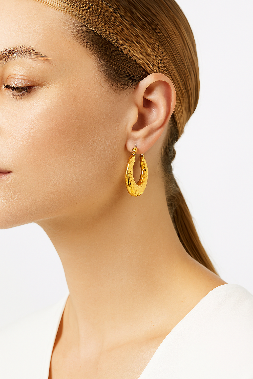 Gold Tone Chunky Textured Hoop Earrings | Modern Hammered Oval Huggies