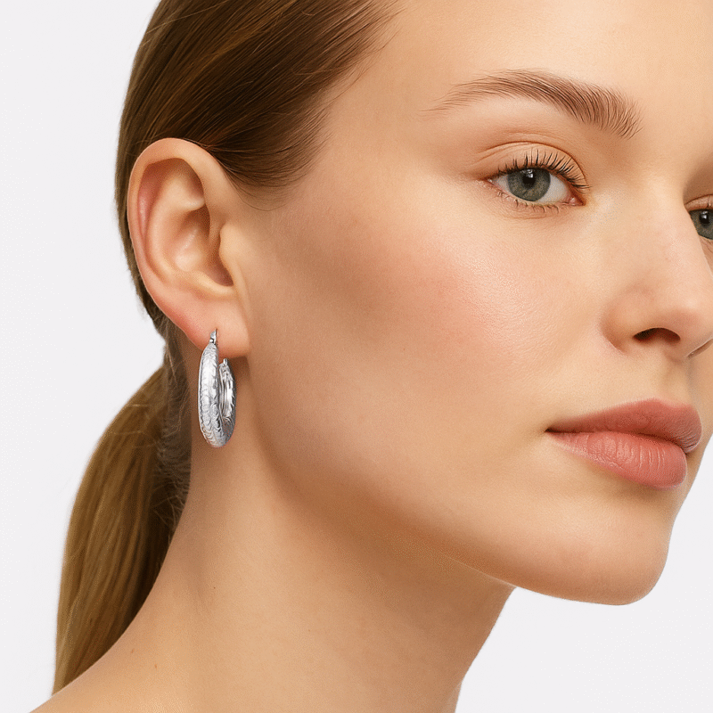Silver Tone Chunky Textured Hoop Earrings | Modern Hammered Oval Huggies