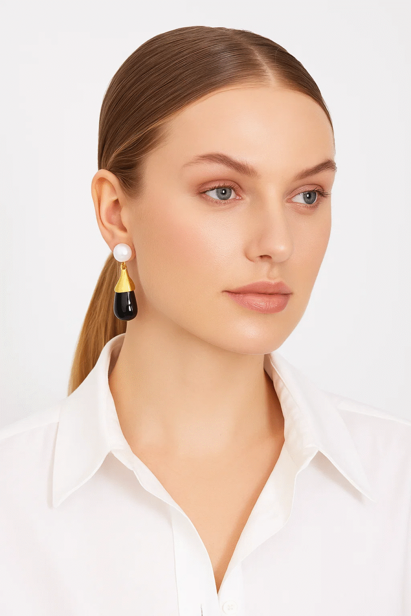 Gold Tone Pearl & Teardrop Stone Drop Earrings | Multi-Color Dangle Options