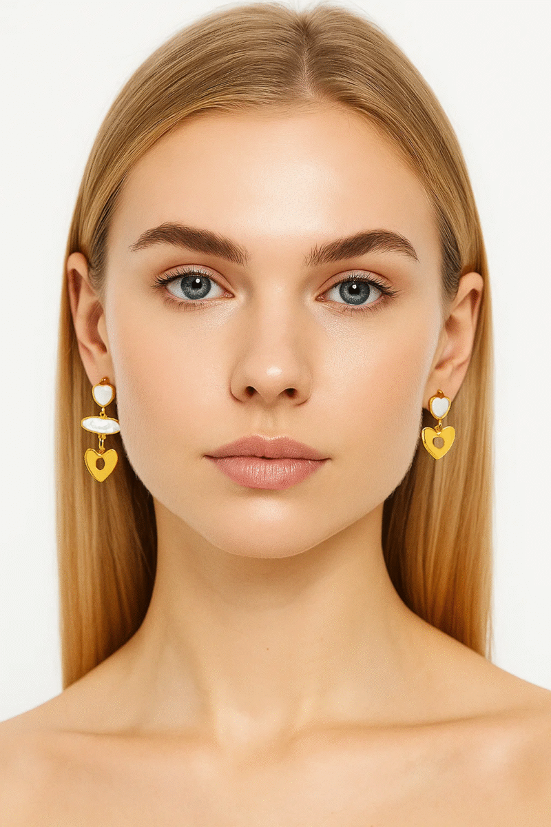 Gold Tone Heart & Crystal Drop Earrings | Asymmetrical Modern Love Dangles