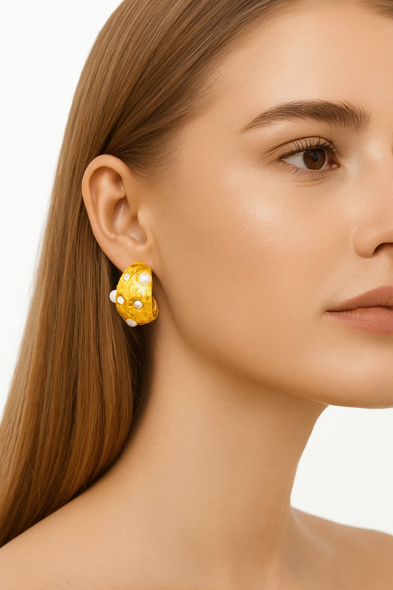 Gold Tone Chunky Textured C-Hoop Earrings | Pearl & Crystal Embellished