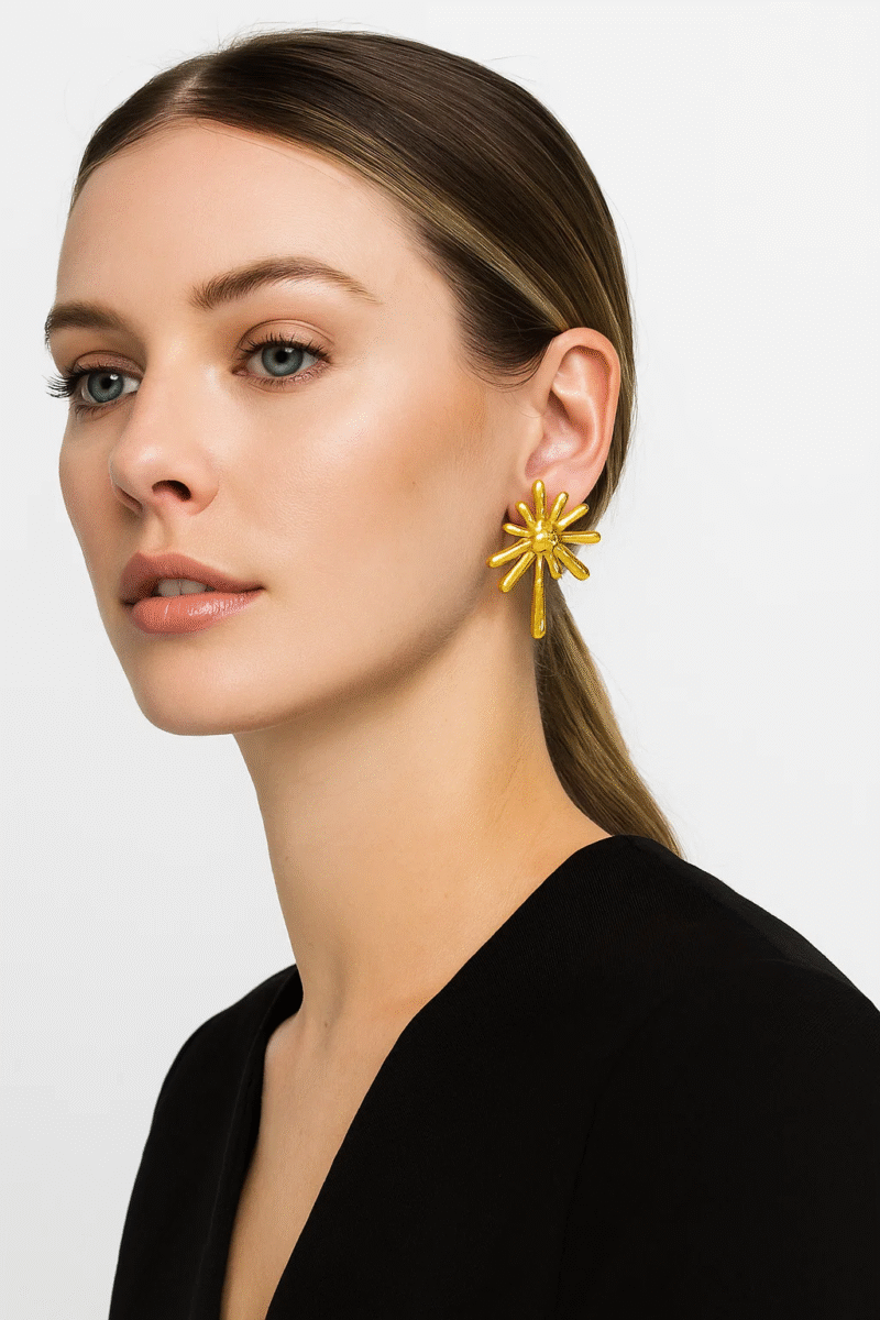 Gold Tone Hammered Sunburst Stud Earrings | Unique Statement Ray Design