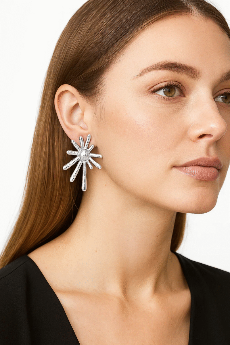 Silver Tone Hammered Sunburst Stud Earrings | Unique Statement Ray Design