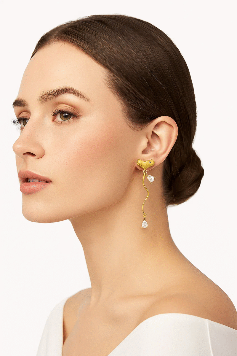 Gold Tone Wavy Dangle Earrings with Heart Stud & Teardrop Crystal | Asymmetrical
