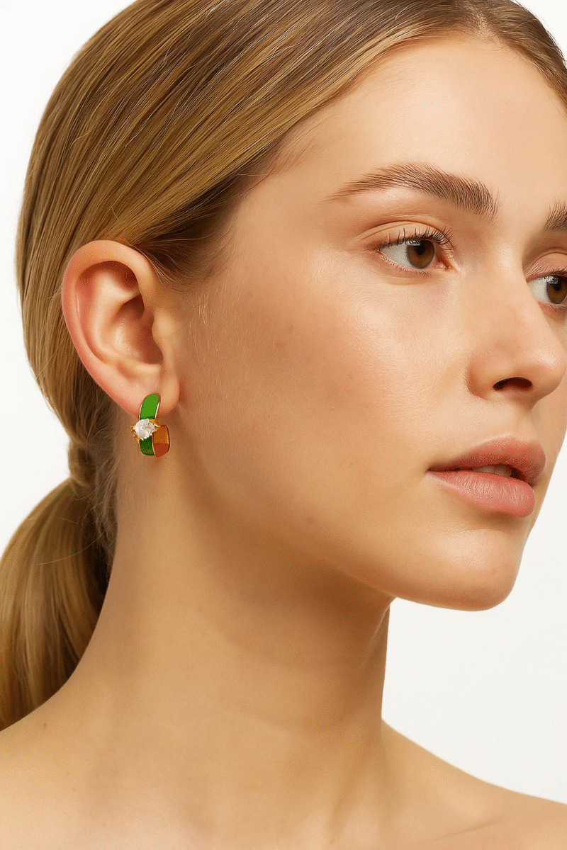 Gold Tone Green Enamel C-Hoop Earrings | Teardrop Crystal Accent
