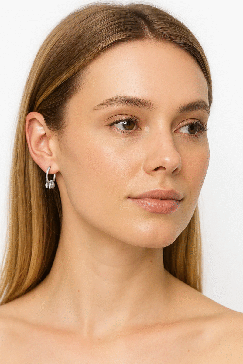 Silver Tone Pavé Crystal Chunky Huggie Hoop Earrings | Dazzling Micro Pavé Hoops