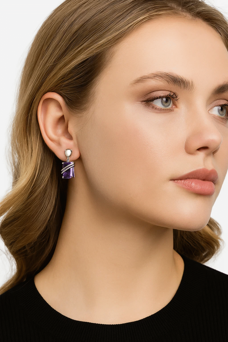 Silver Tone Irregular Hoop Earrings with Green Crystal & Pearl Dangles | Modern Statement