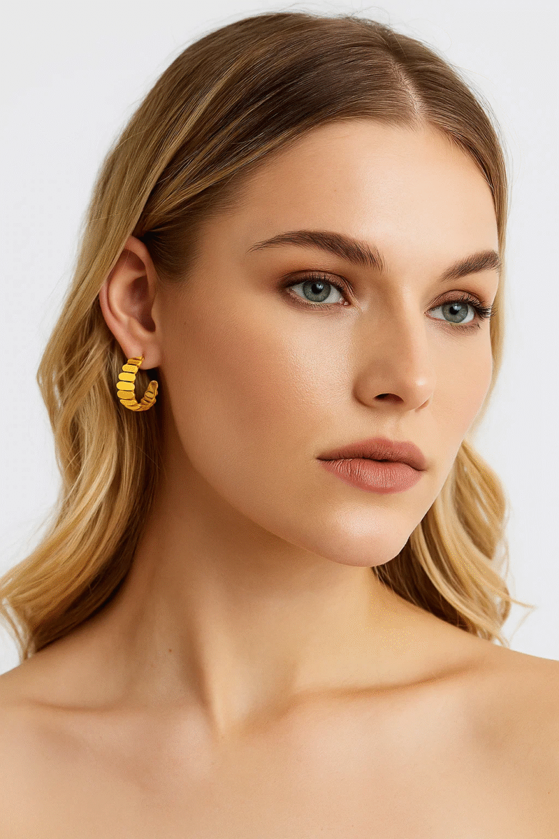 Trendy Gold Ridged Hoop Earrings | Textured Chunky U-Shape Studs
