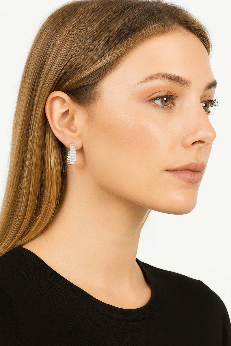 Silver Tone Ridged Hoop Earrings for Women - Chunky Textured U-Shape Stud Earrings