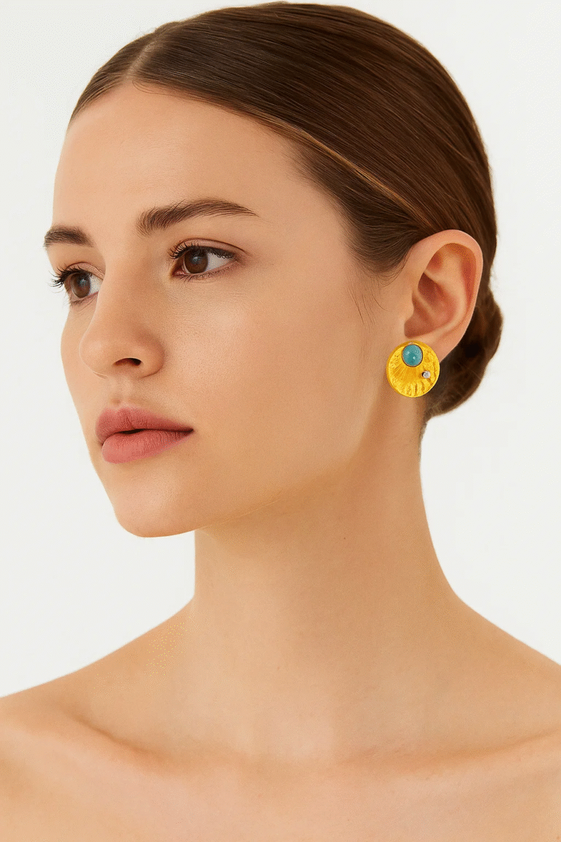 Gold Plated Statement Earrings with Turquoise/Malachite & Crystal - Vintage Inspired Disc Design