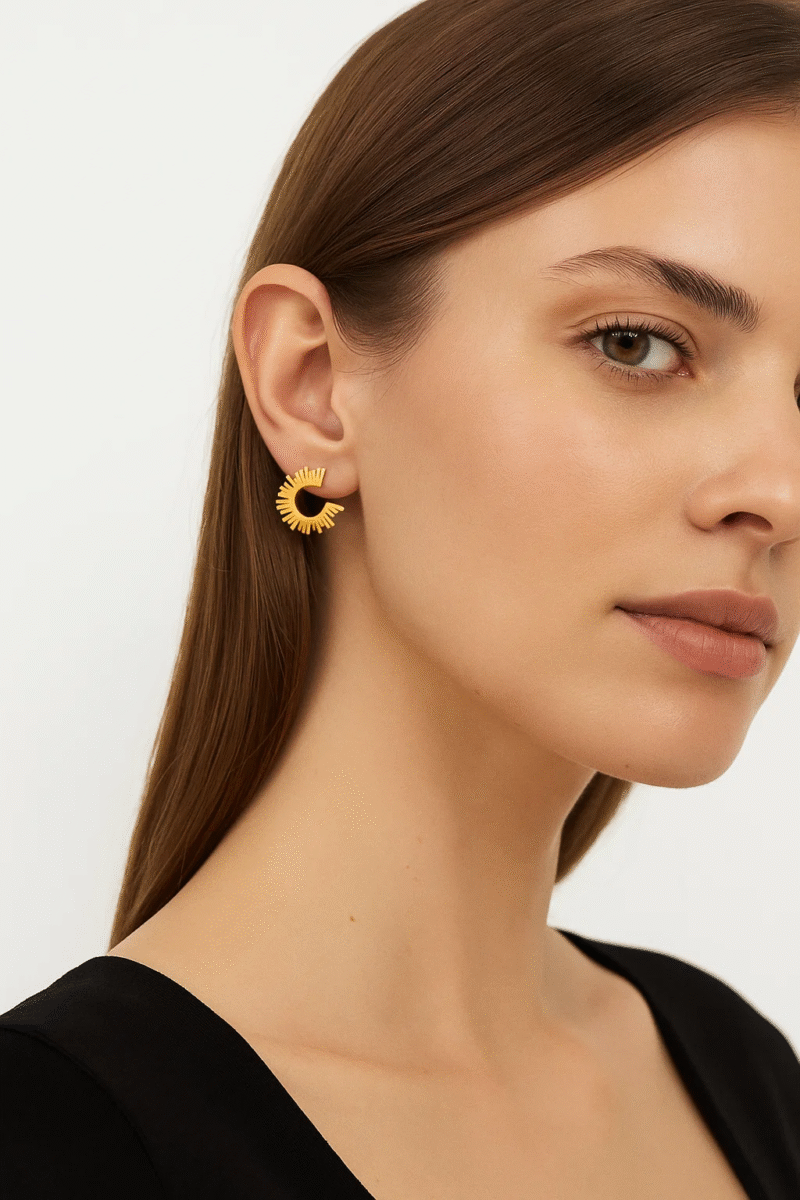 Gold Sunburst Hoop Earrings - Trendy Half Hoop Stud Design
