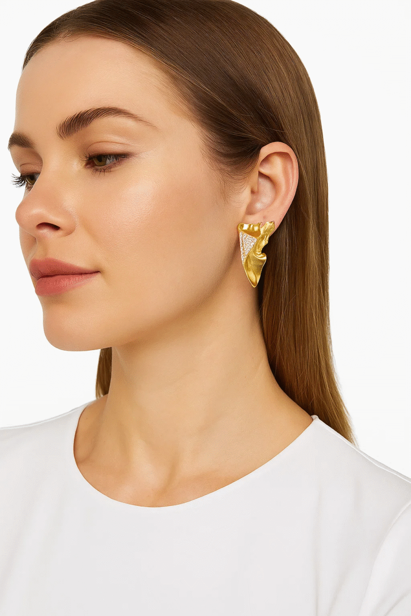 Statement Gold Irregular Drop Earrings with Crystal Accents - Abstract Design
